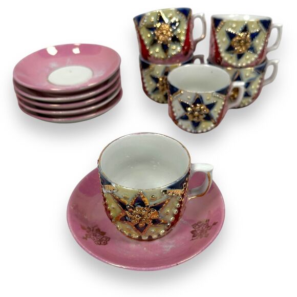 Antique Germany Pink Molded Lusterware Cups & Saucers Ornate Star Set o6 Vintage - Picture 1 of 15